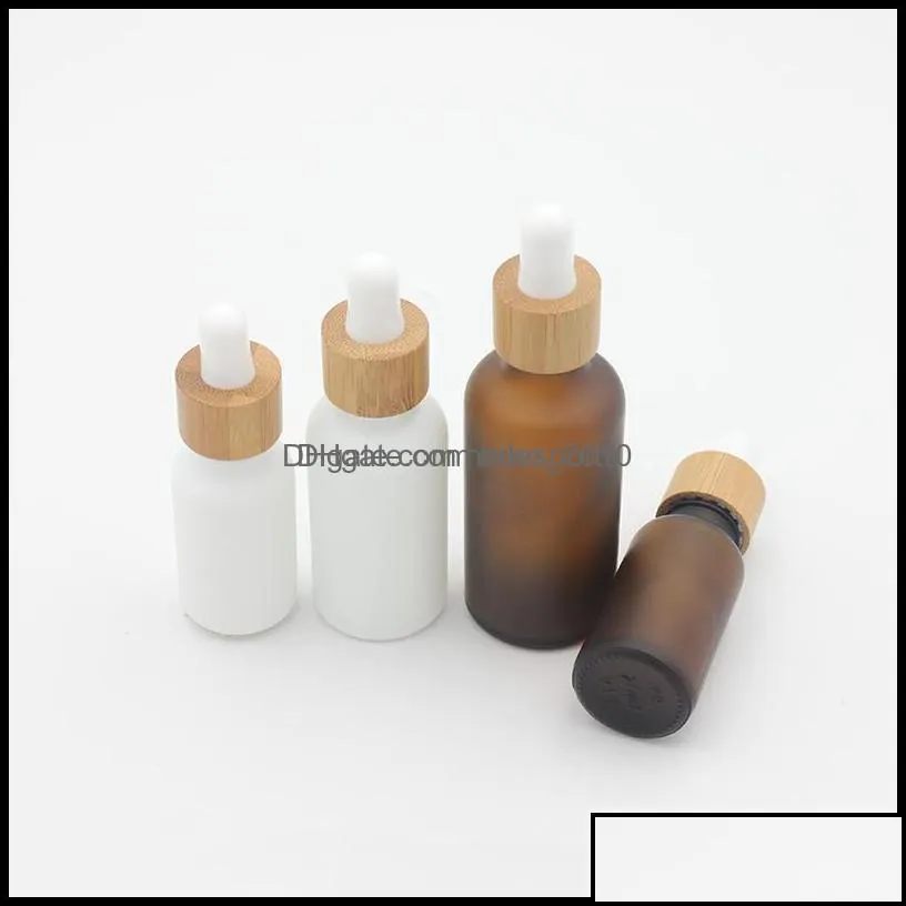 Bottha Bottles Office School Business Industrial Industrial Amber Branco de gotas de vidro branco 15ml 30ml 50ml com tampa de bambu 1oz wo