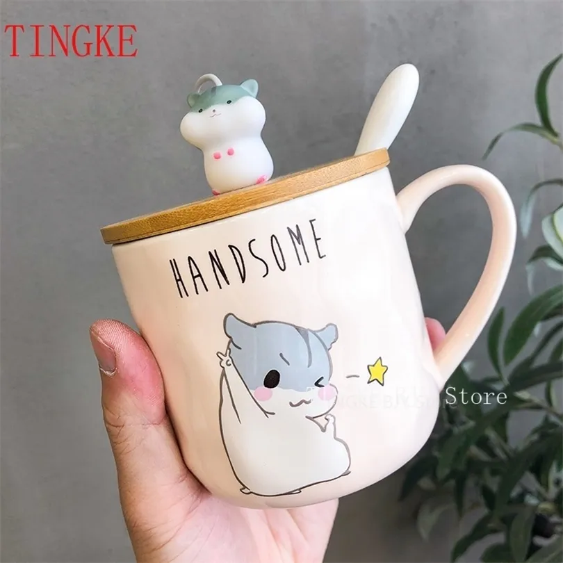 400 ml koreansk kreativ enkel hamster muggtecknad söt sked med lock personlighet par vatten kopp hem frukost kopp 210409