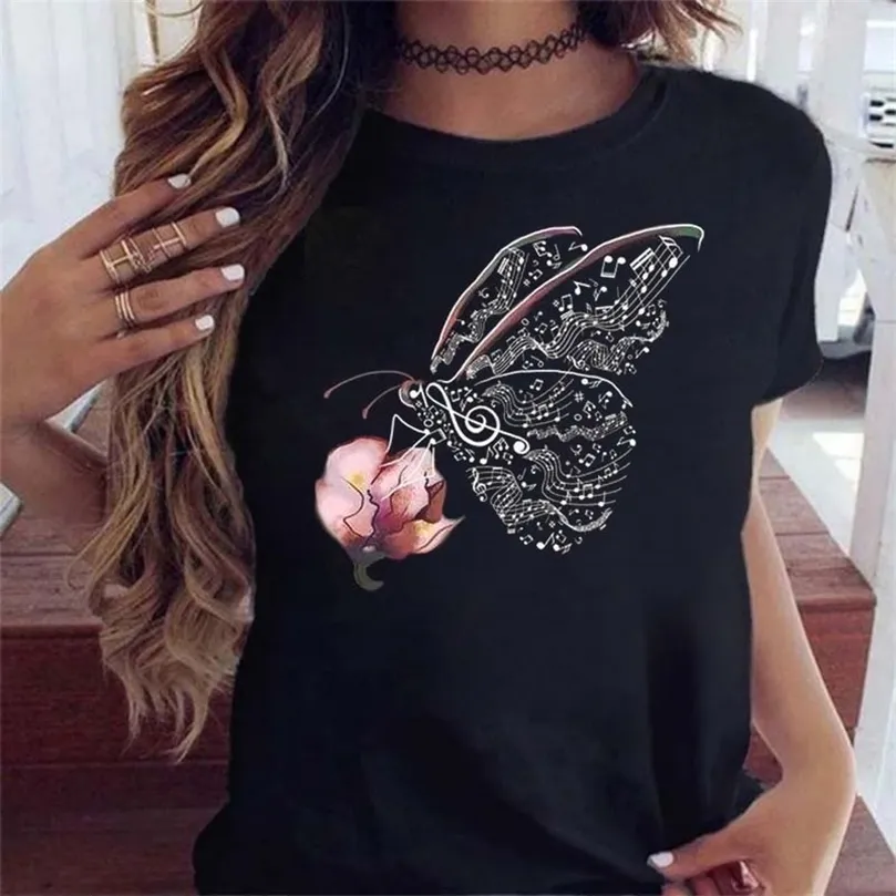 Kvinnor Flower Butterfly Fashion Print T Shirt Casual Short Sleeve Ladies T Tee Female Top Shirt Clothes Womens Graphic Tshirt 220527