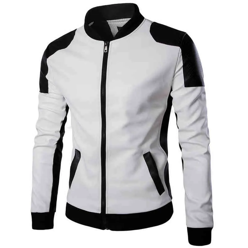 Stand kraag PU Leather Black and White Moto Biker Jacket Male oversized faux lederen patchwork jas casual jas Men 5xl 4xl L220725