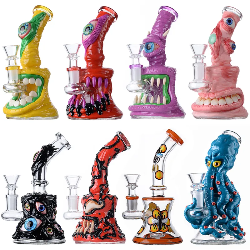 Bong in vetro Otopus Stile Halloween Narghilè inebrianti Tubi dell'acqua Soffione doccia Olio Perc Dab Rigs Becher unico Bong Spessore piccolo Mini impianti di cera con ciotola