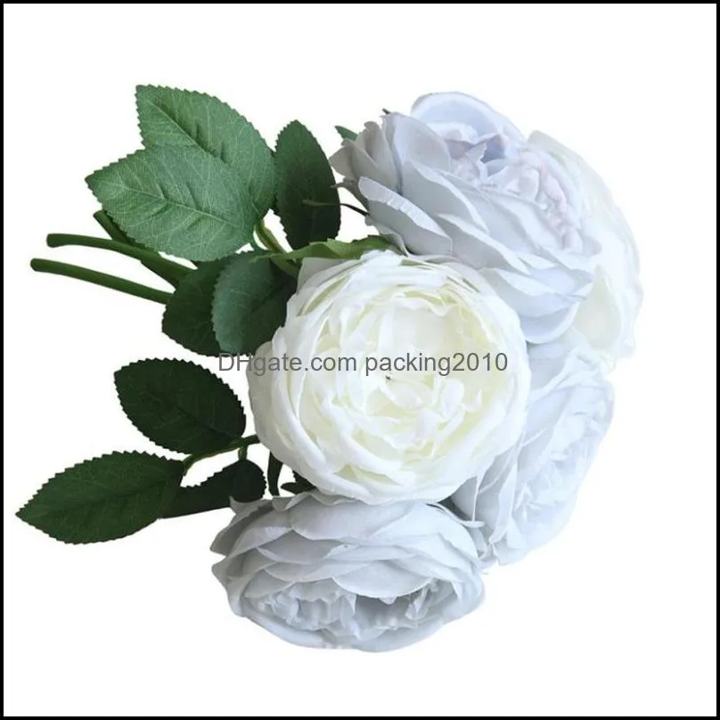 Bouquet Artificial Rose Silk Flowers 5 Flower Head Leaf Garden Decor Bridal White Pink Wedding Party Decorative & Wreaths