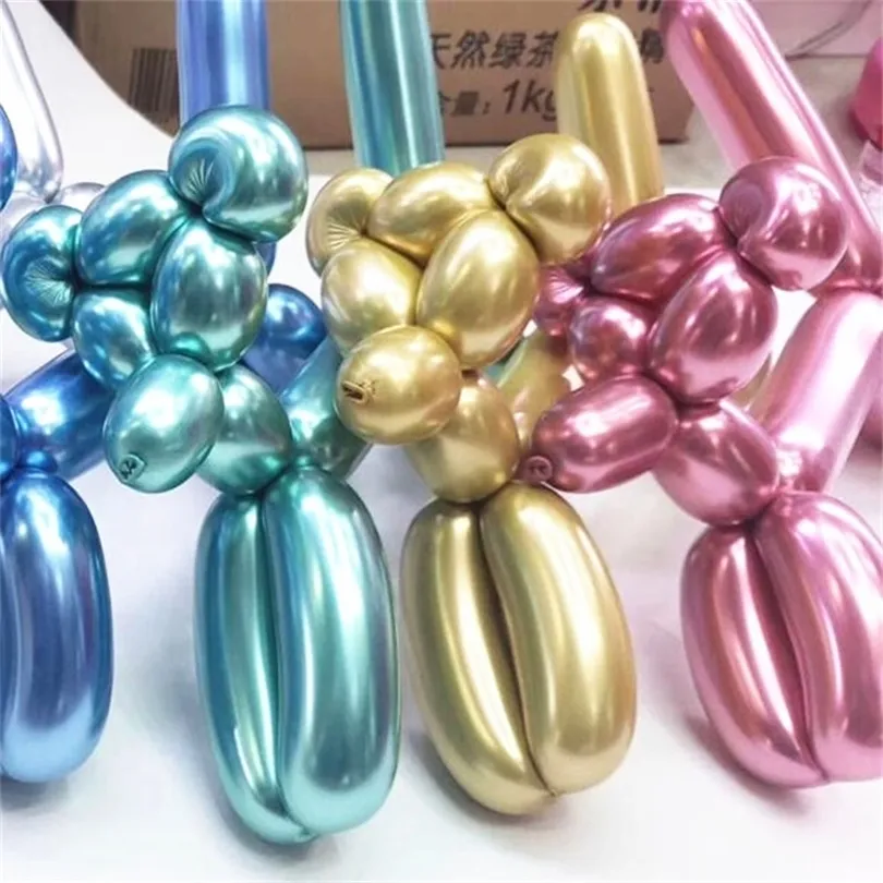 100pcs métalliques magiques longs ballons bande ballon fête d'anniversaire décorations de mariage brillant chrome attachant torsion latex ballon 1.8g T200526