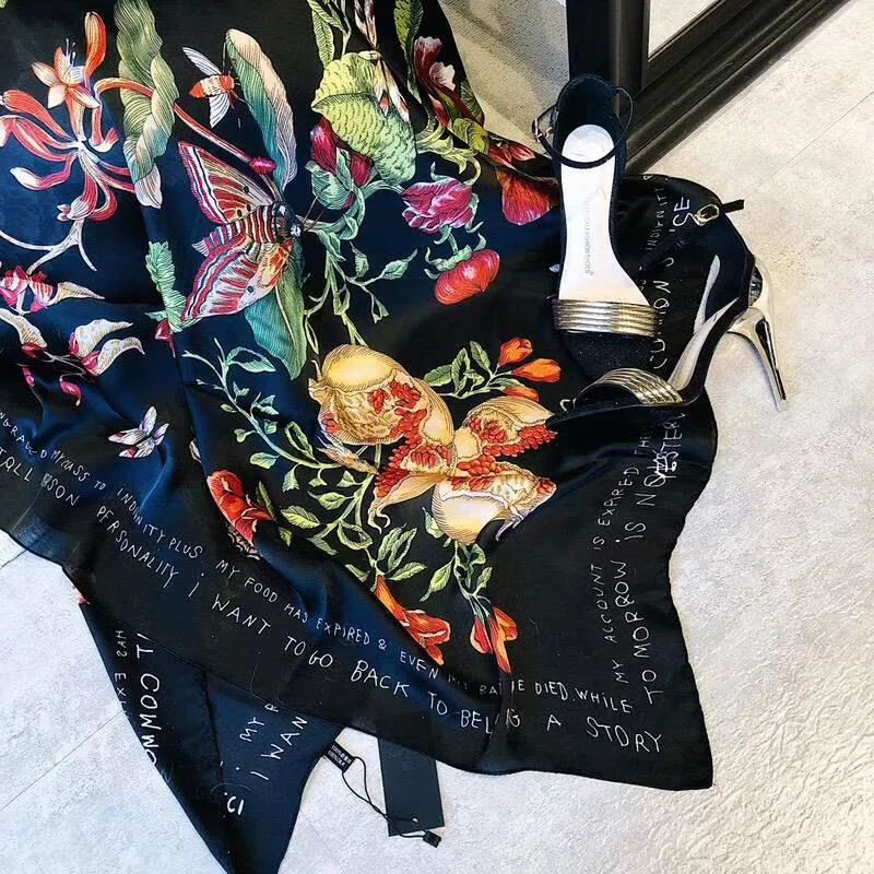 Designer Luxury Brand Women Silk Scarf Butterfly And Floral Shawls Wraps Bandana Bufanda Foulard Beach Stoles Pashmina