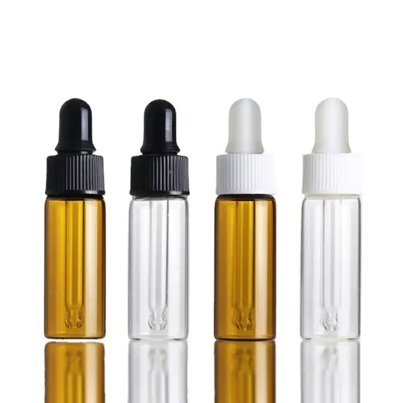 Mini frasco de muestra vacío de 5ml, cuentagotas de vidrio, botella de aceite esencial de color ámbar con pipeta, embalaje de cosméticos