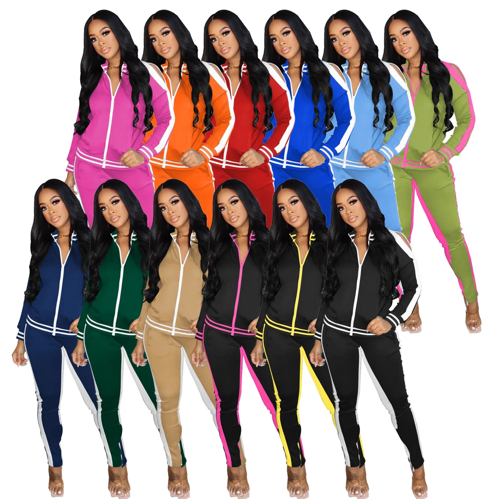 Women's Spring Tracksuits Two Piece Pants Set Lady Jacket outfits Stripe cold shoulder zipper For Woman Sweat Suit Desinger Tracksuit Sport Joggers S - 2XL