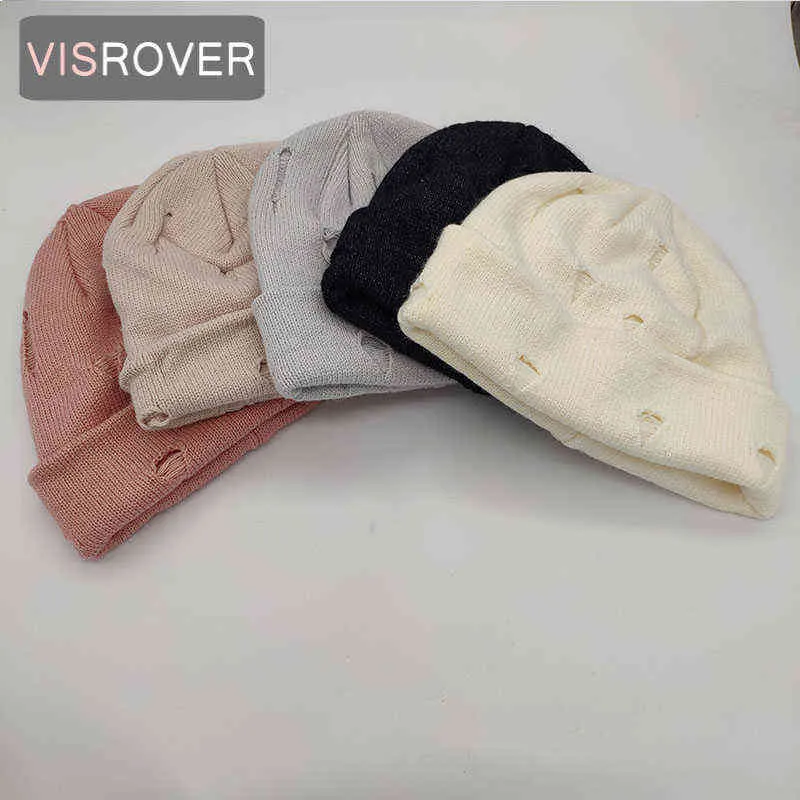 Visrover 12 colores sombreros de acrílico sólido sombrero de invierno para mujer sombrero de acrílico con agujeros mujer otoño cálido Skullies regalo al por mayor J220722