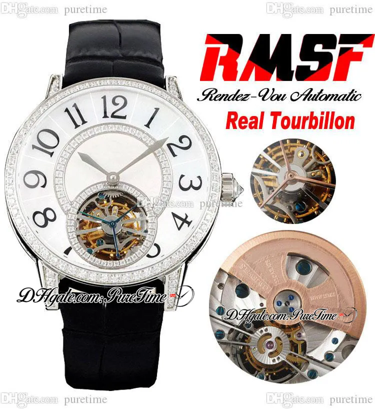 RMSF Rendez Vous Real Tourbillon Automatic Ladies Watch Steel Case Diamonds Bezel White Dial Big Number Markers Leathr Strap Womens Watches Super Edition Puretime