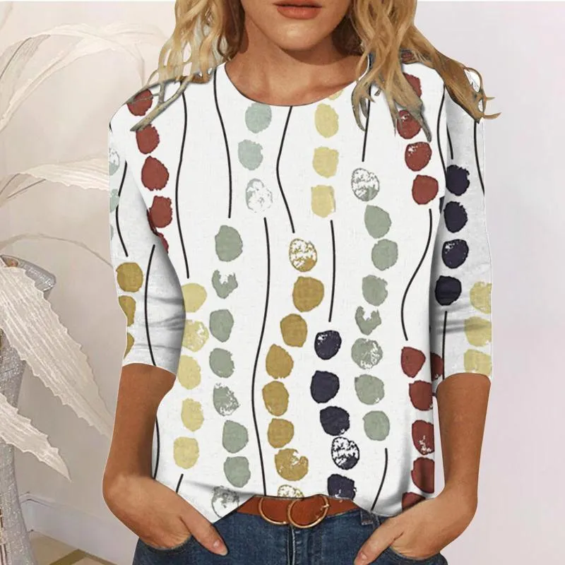 Camiseta para mujer Moda casual para mujer Leopardo Puntos florales Impresión O Cuello Manga tres cuartos Tops Camiseta Blusa Camisa gris sólidaMujeres