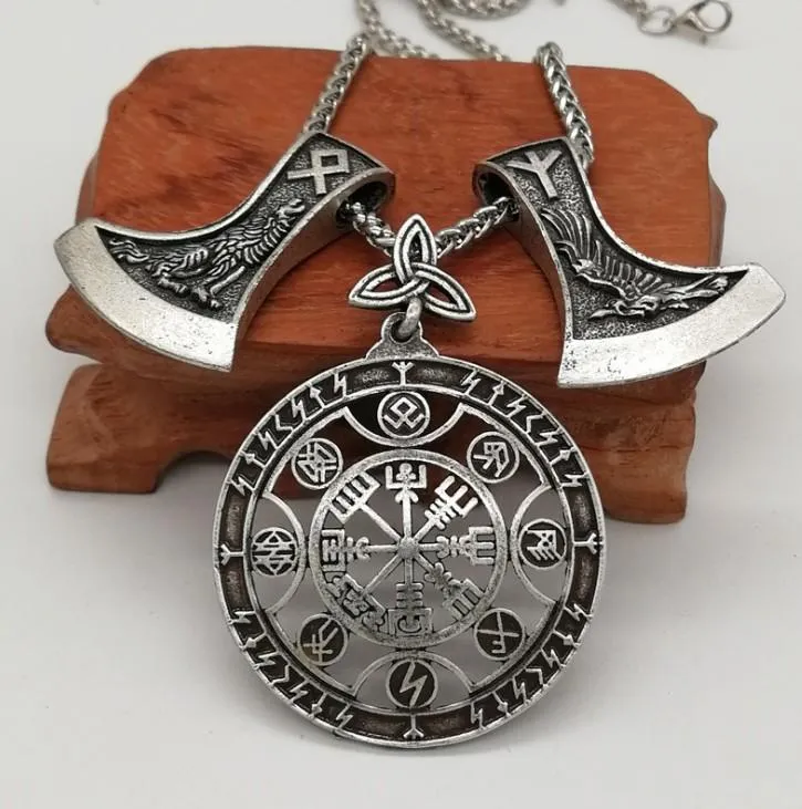 Hangende kettingen antiek zilveren vegvisir kompas raven wolf ax ketting viking rune amulet heren halsblaas