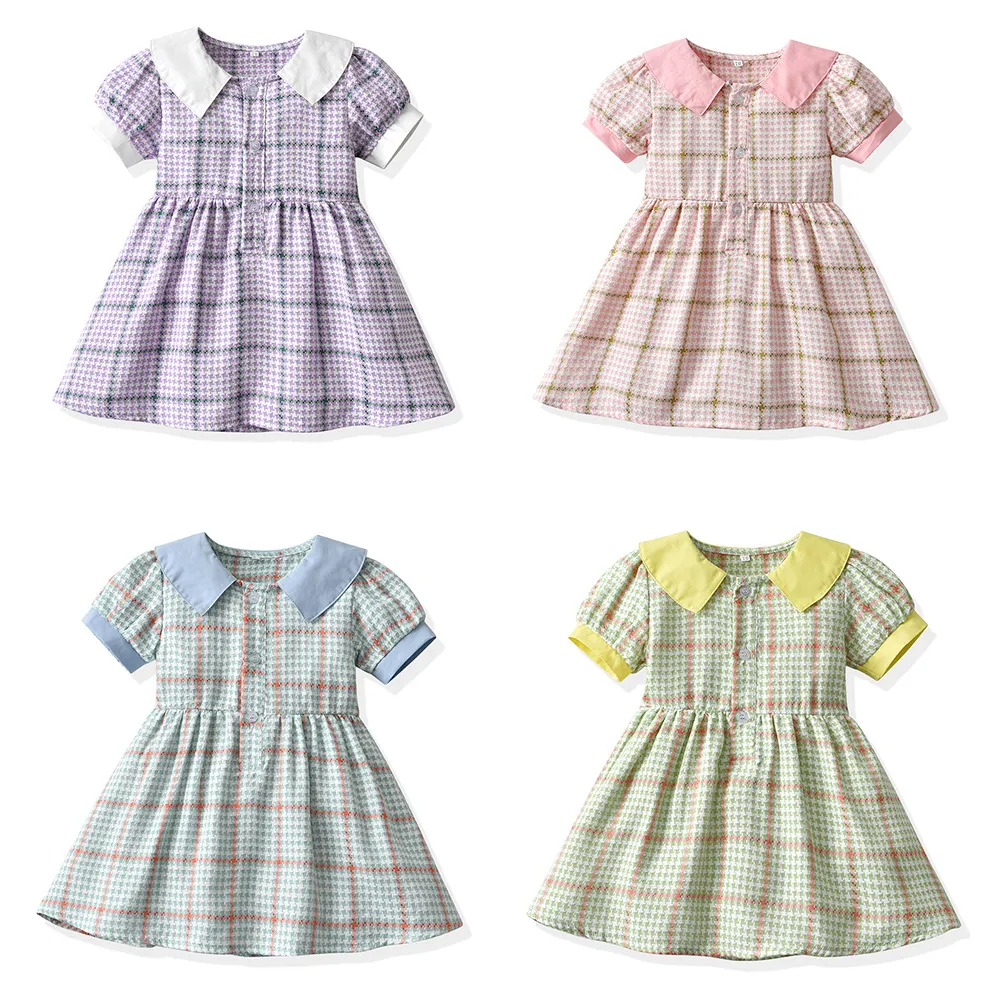 2022 Summer Baby Girls Dresses Toddler Kids Plaid Lapel bubble short sleeve waist closing princess skirt