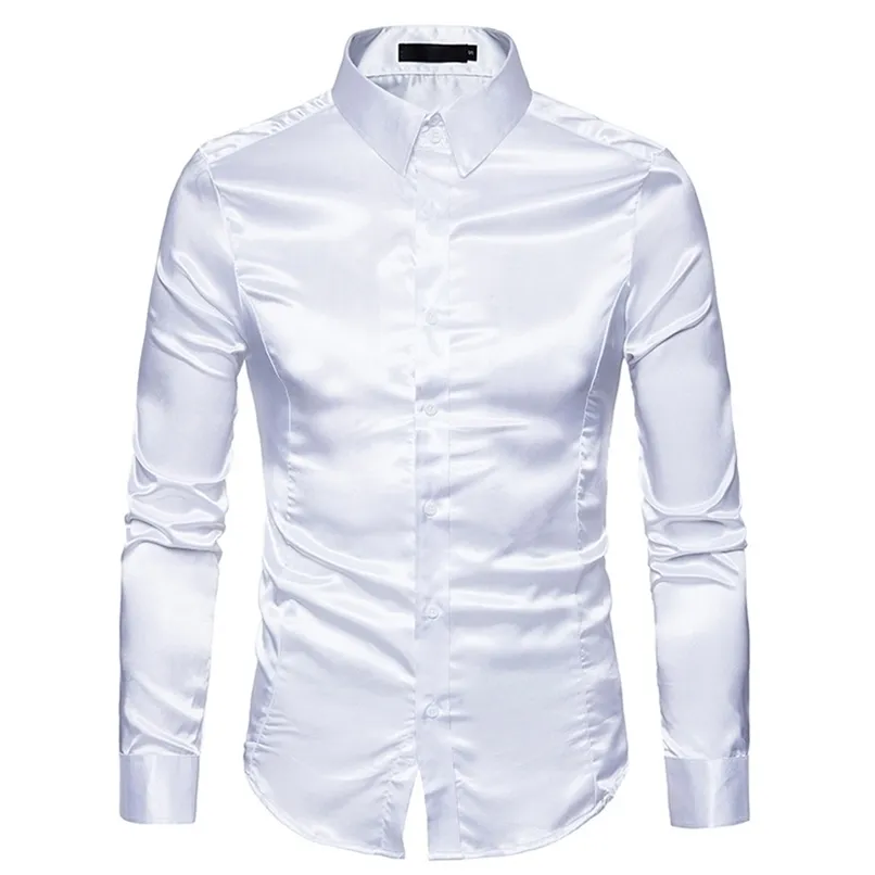 Mens vit silke skjorta mode satin män social avslappnad smal passform långärmad klänning s manlig camisa masculina 220322