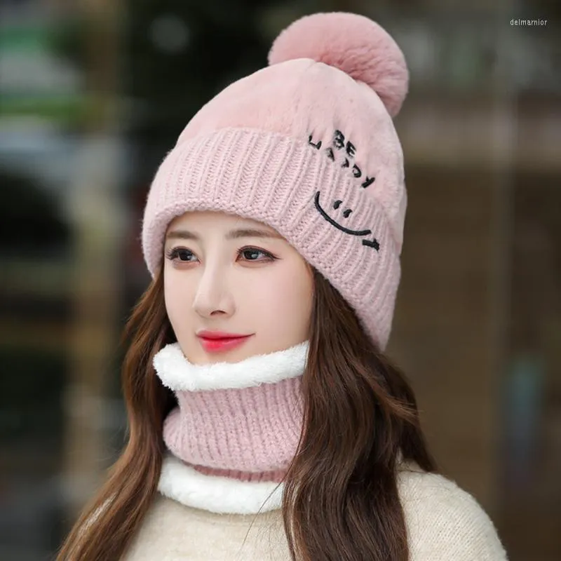 Beanie/Skull Caps Winter Hat Fur Keep Neck Warmer Set Thick Beanie Cap Casual Hats For Women Add Lining Warm Knitted Delm22
