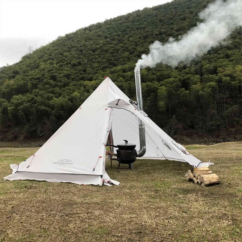 Verbessertes Bushcraft-Pyramidenzelt, leicht, 210T kariertes Ripstop-Wintercampingzelt mit Schneeschürze, Kaminlochhöhe 160 cm, H220419