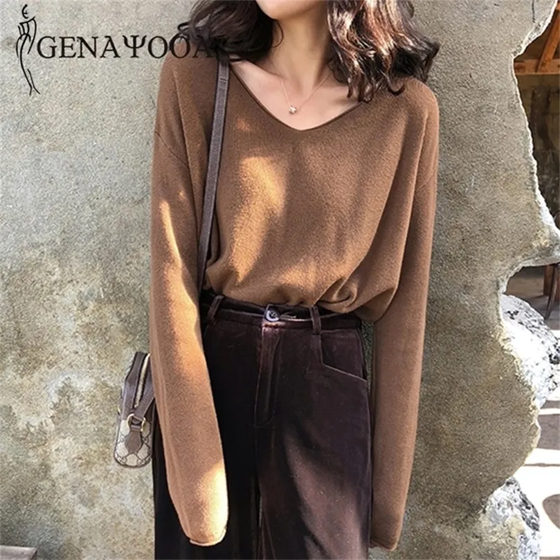 Genayooa Autumn Winter Women Sweater Grundläggande långärmad V -hals stickad tröja Kvinnor Pullover Loose Jumper Ladies Korean 201222