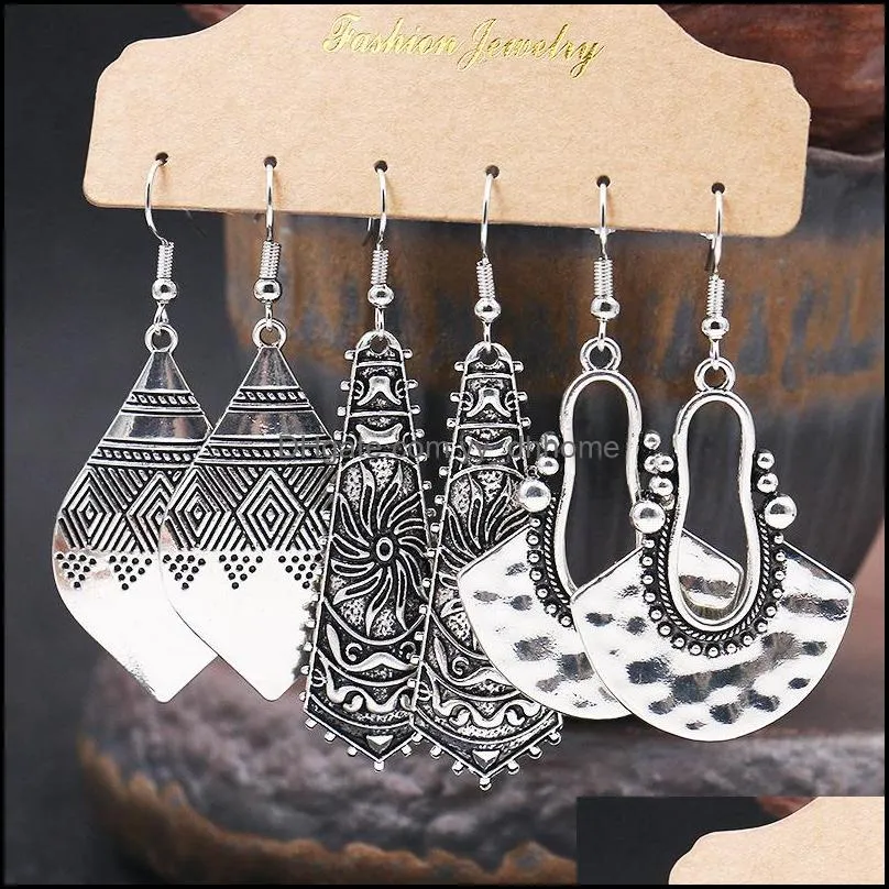 Ethnic style element 3 piece set Charm earrings retro creative personality geometric alloy earring wild temperament hollow wings round pendants jewelry