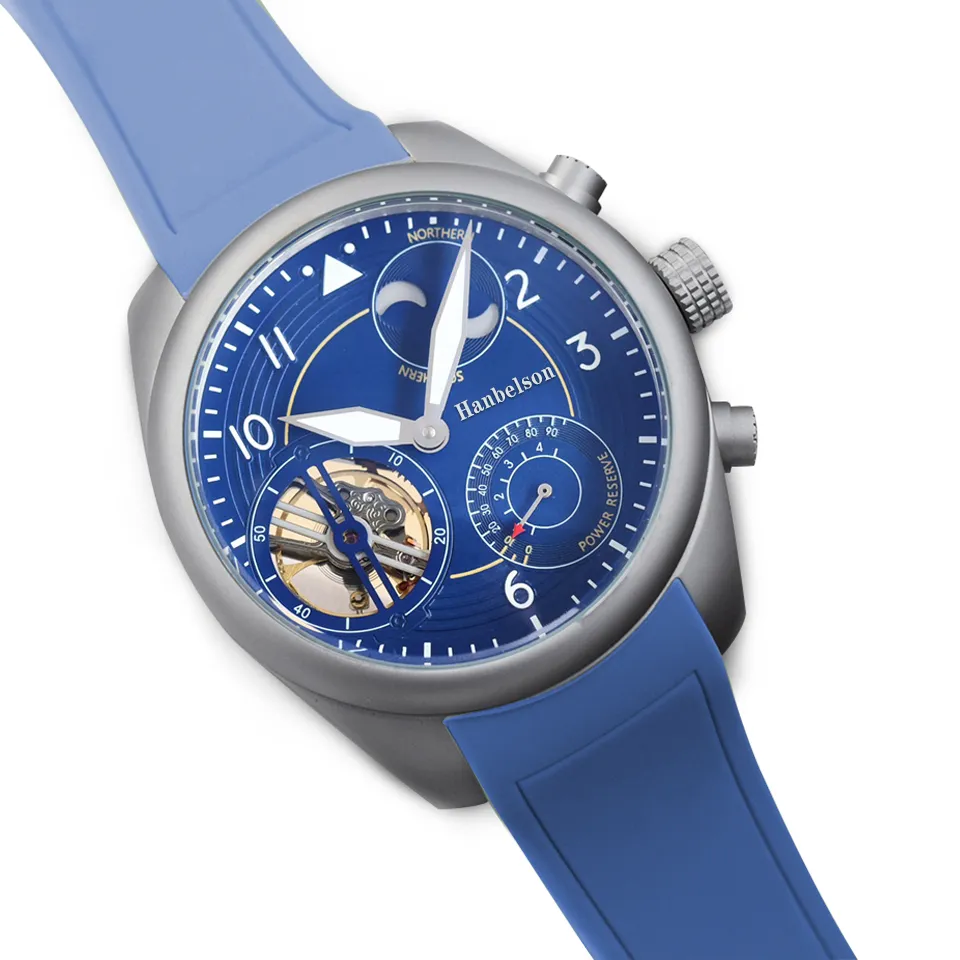 Riserva di carica Orologi da uomo Movimento a carica manuale Scocca in acciaio Tourbillon Scheletrato Quadrante blu Cinturino in pelle marrone Orologio da polso con chiusura pieghevole