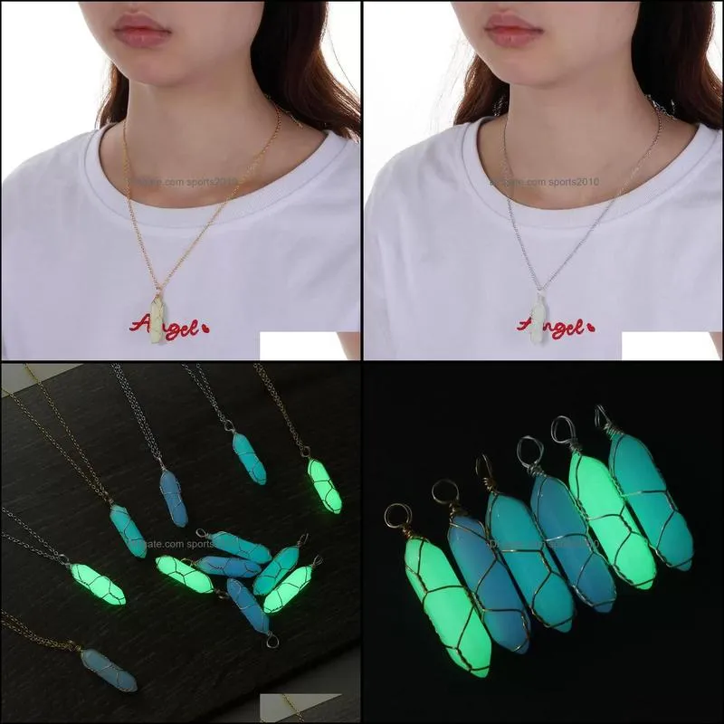 hexagonal cylindrical crystal stone necklace glow in the dark luminous wire wrap stones pendant necklaces jewelry gift for women men