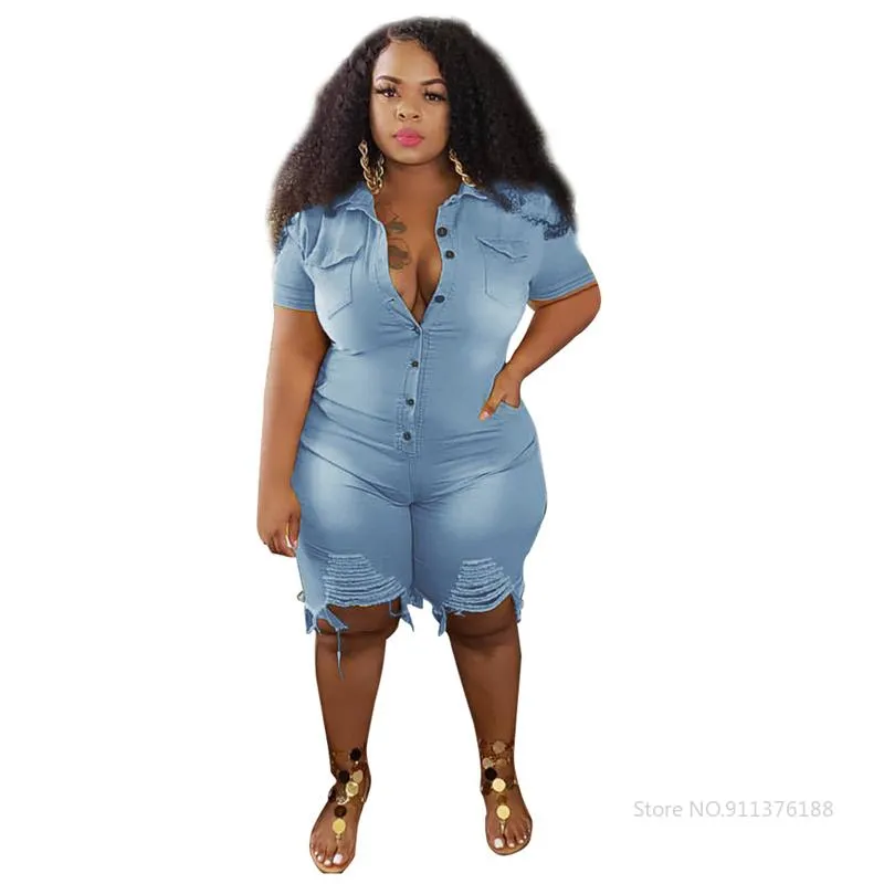 Plus Size Ripped Denim plus size denim jumpsuit with Short Sleeves and Shorts Wholesale DropWomen s Clothing L 5XL