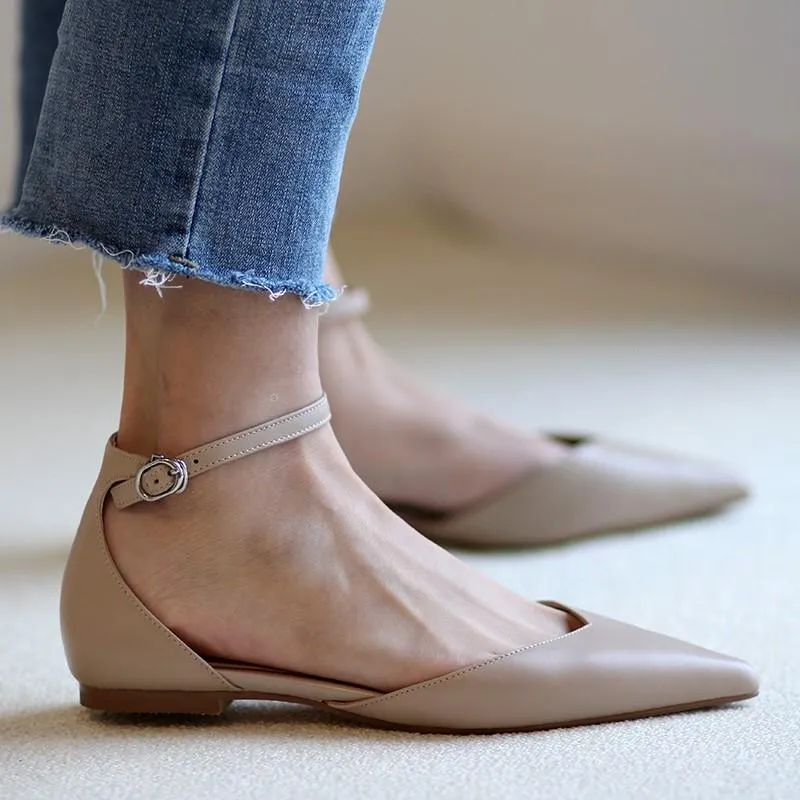 Sandals One Strap Women Flats Beige Nude Ballet Shoes Pointed Toe Office Work Cowhide Leather Buckle Simple Women's PregnantSandals