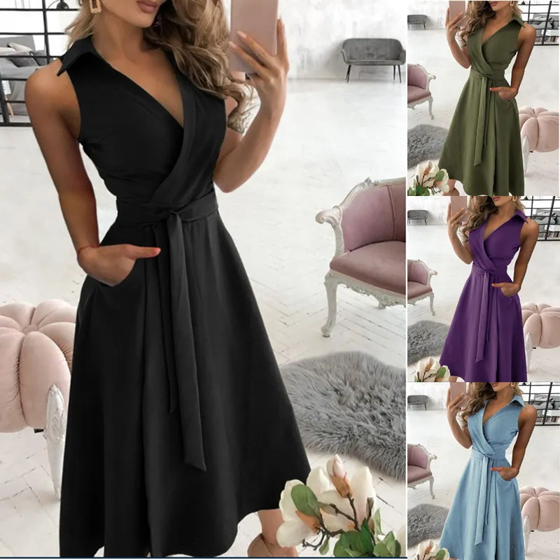 Vestidos informales para mujer Moda de primavera/verano Manga larga Escote en V profundo Vestido estampado en la cadera Niñas Color sólido Costura en la cintura sin mangas Falda acampanada irregular con cinturón