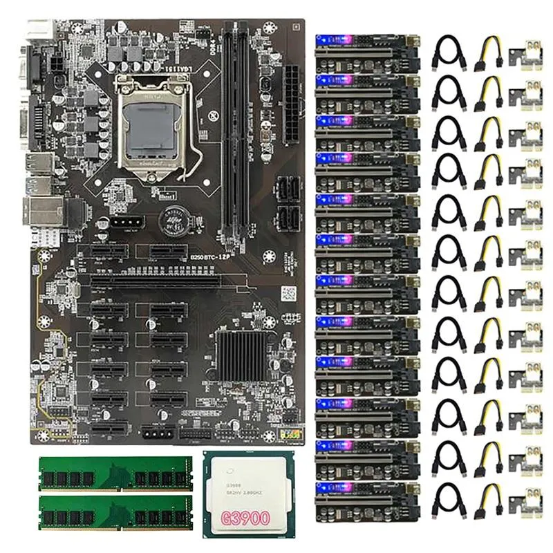 Moderbrädor BTC Mining Motherboard med 12xver010s Plus PCIe Riser Card G3900 CPU 2X DDR4 RAM LGA1151 DIMM 12 GPUMOTHERBOARDS