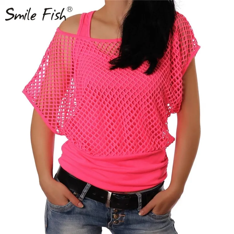 Maille grille à manches courtes décontracté néon vert sexy évider couverture t-shirt et débardeurs femmes mode Blusas chemises G1005 W220409