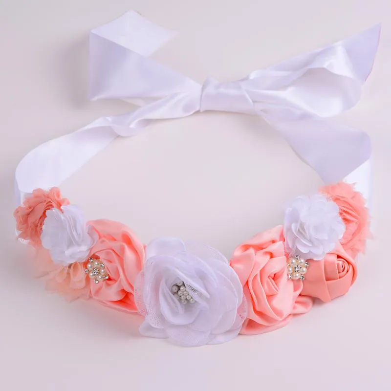 Belts Pink And White Flower Belt Cute Wedding Girl Kids Dress Girls Satin Rhinestone Maternity Bridal Sash