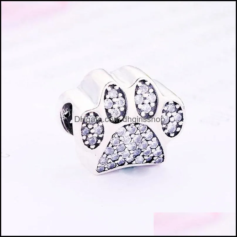 925 sterling silver toy dog print bear paw zircon stone beads fit original pandora charm bracelet for making berloque diy