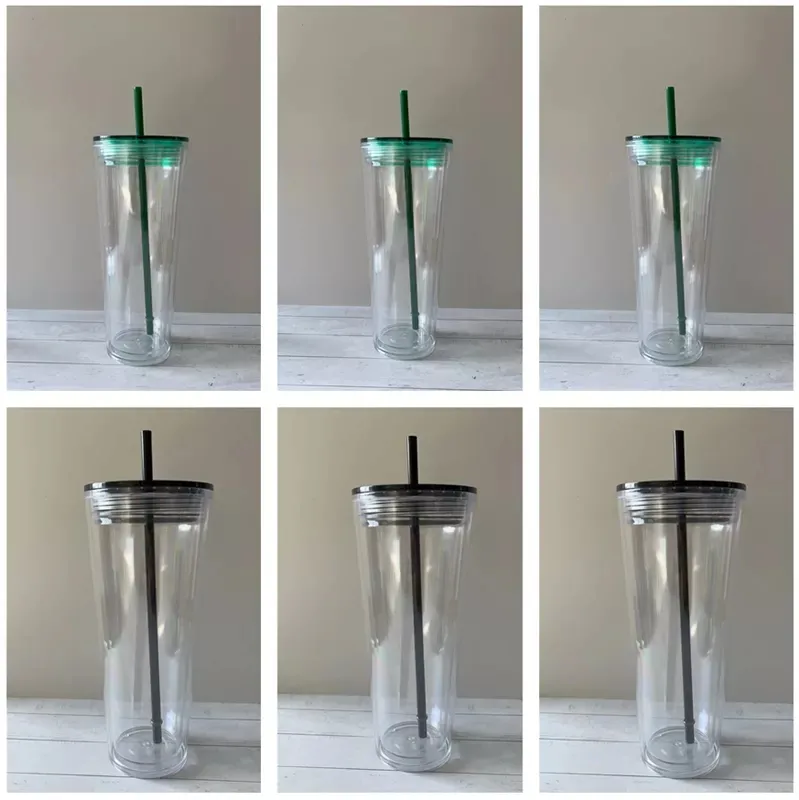 Bicchiere a doppia parete in plastica trasparente da 710 ml da 24 once con cannuccia con tazze da caffè con coperchio verde nero WLL1327