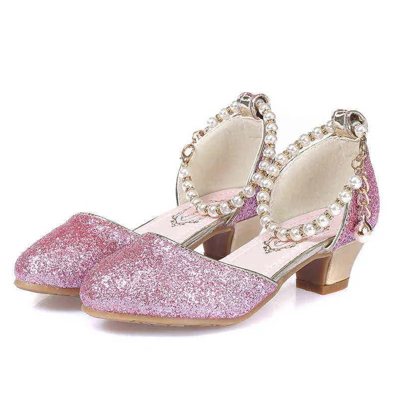 ULKNN Filles Sandales 2020 nouvelles chaussures de perles talons hauts pour enfants chaussures de danse dent chaussures de performance taille 28-38 rose blanc G220418