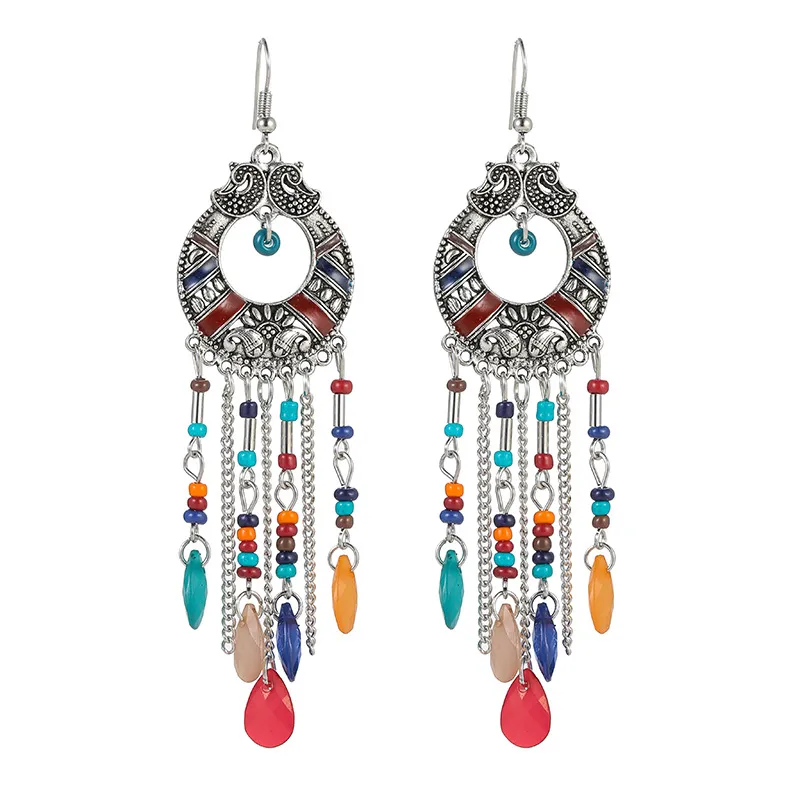 S3043 Bohemian Fashion Jewelry Circular Hollow Out Earrings Beaded Water Drop Long Tassel Dangle Earrings