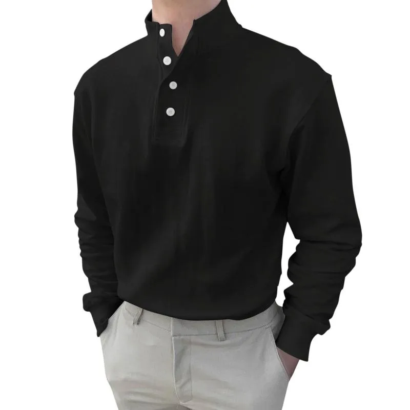 Erkek Tişörtler Mor Çalışır Gömlek Erkek İlkbahar ve Sonbahar Düğmesi Yuvarlak Boyun Düz Renk Klozlu Tişörtler Uzun Kollu Erkek Tişört
