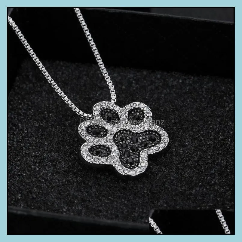 Cute Cat Dog Paw Pendant Lovely Necklace For Women Black Rhinestone Dainty Short Chain Child Female Jewelry Accessories Gift