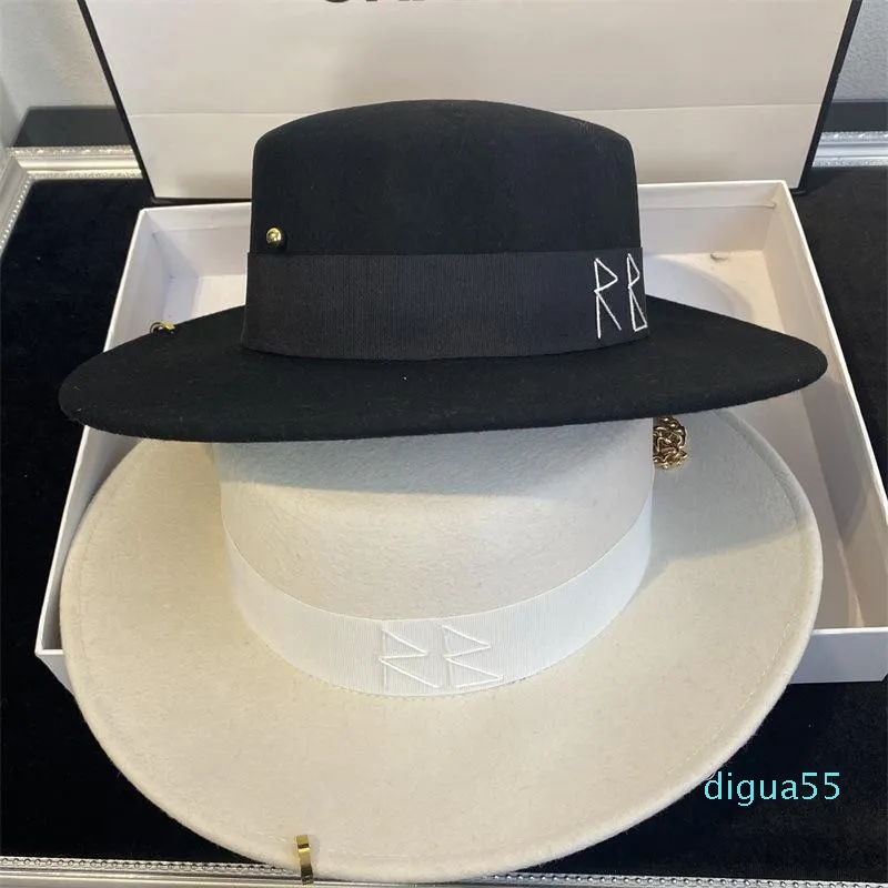 Cappelli a tesa larga Donna Cappello di lana nero Fashion Party Flat Top Fedora Cinturino a catena Pin Lady Wedding Porkpie Style