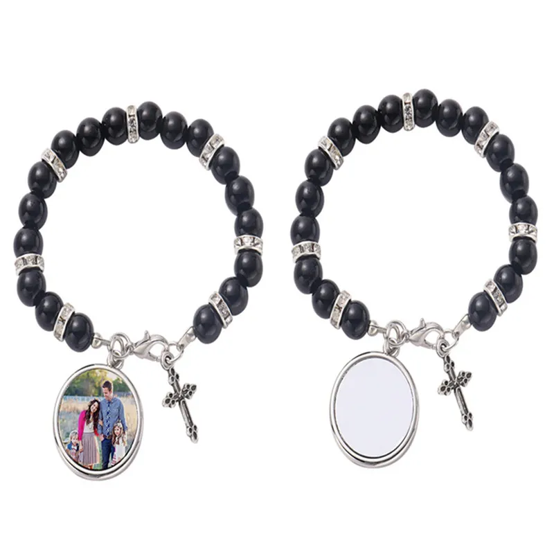 Fashion sublimation blank DIY round charm beaded cross bracelet transfer printing love mens bracelet for woman Thanksgiving Valentines Day Souvenir Family Gift