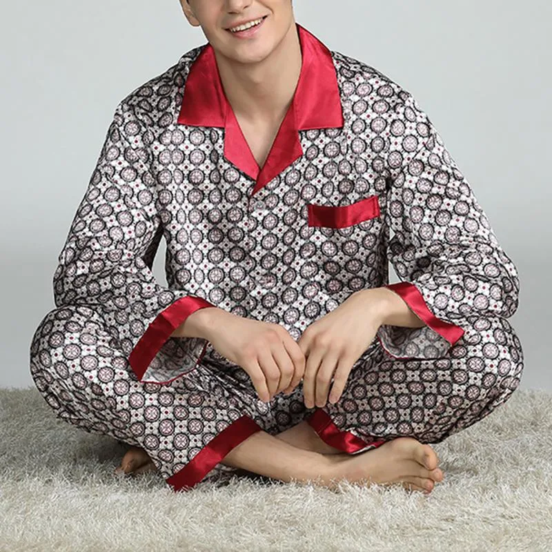 Men s Designer Pajamas Set Long Sleeve Sleepwear Nightwear Thin Ice Silk Set Polyester Blue Comfortable for Sleep Lounging
