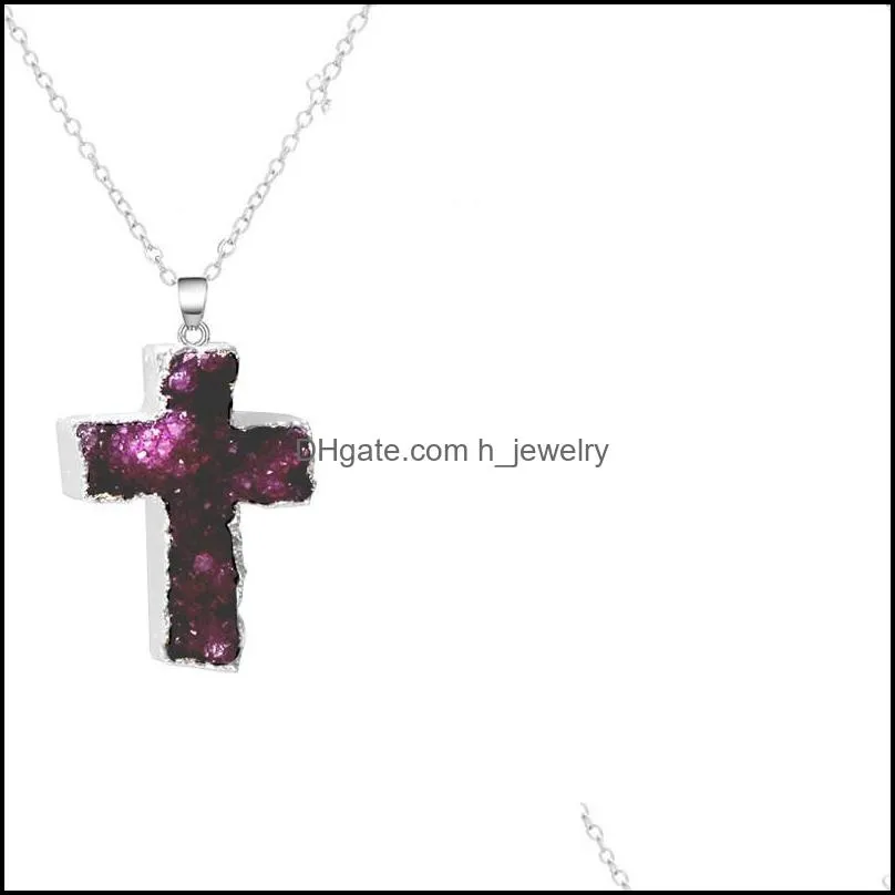 natural crystal cluster cross pendant crystal tooth silver plated edge cross necklace hjewelry