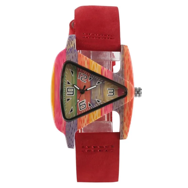 Wristwatches Fashion Colorful Bamboo Unique Triangle Hollow Wood Watch Creative Leather Digital Wristwatch Gift Relogio FemininoWristwatches