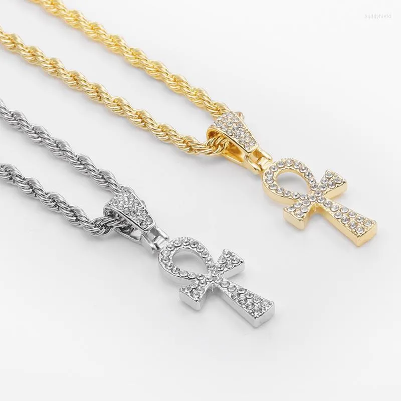 Chaînes 2022 mode Ankh collier breloque hommes croix pendentif corde chaîne clé de la vie Bling glacé strass Hip Hop bijoux