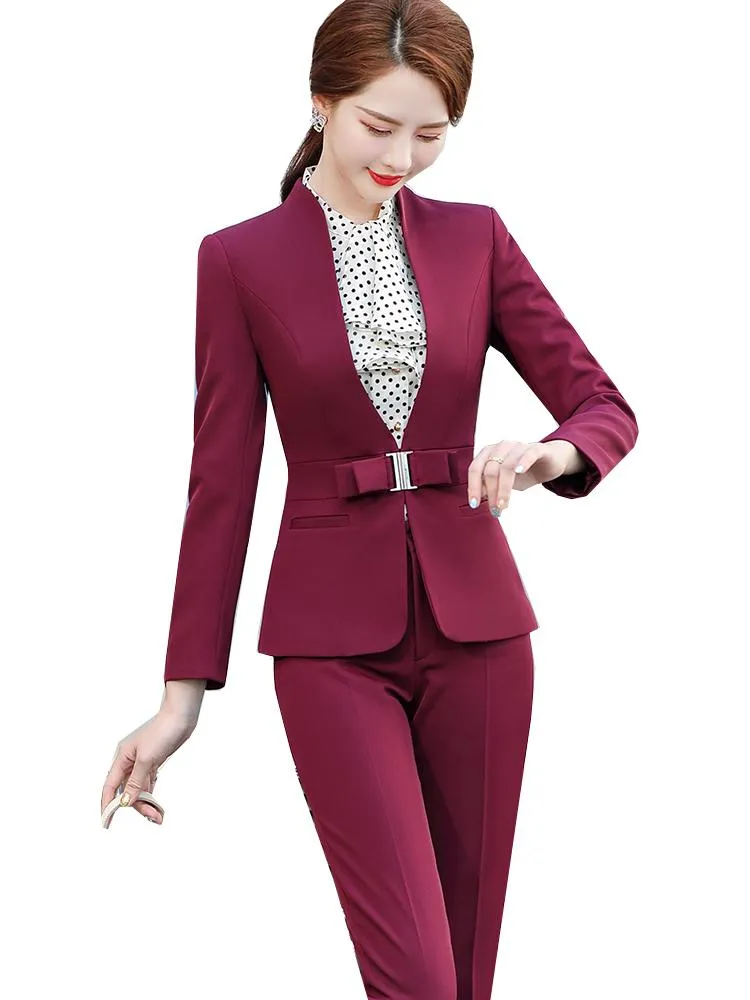 Kvinnors tvåbitar byxor Black Red 2 Set Women Solid Pant Suit Office Ladies Formal Business Work Career Wear V-Neck Blazer Jacket and Trouse