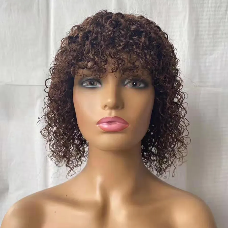 Jerry Curl Human Hair Short Bobs 12 inch 12 inch medium Brown Indian Hair Hair Wig with Bangs Full Machine Made