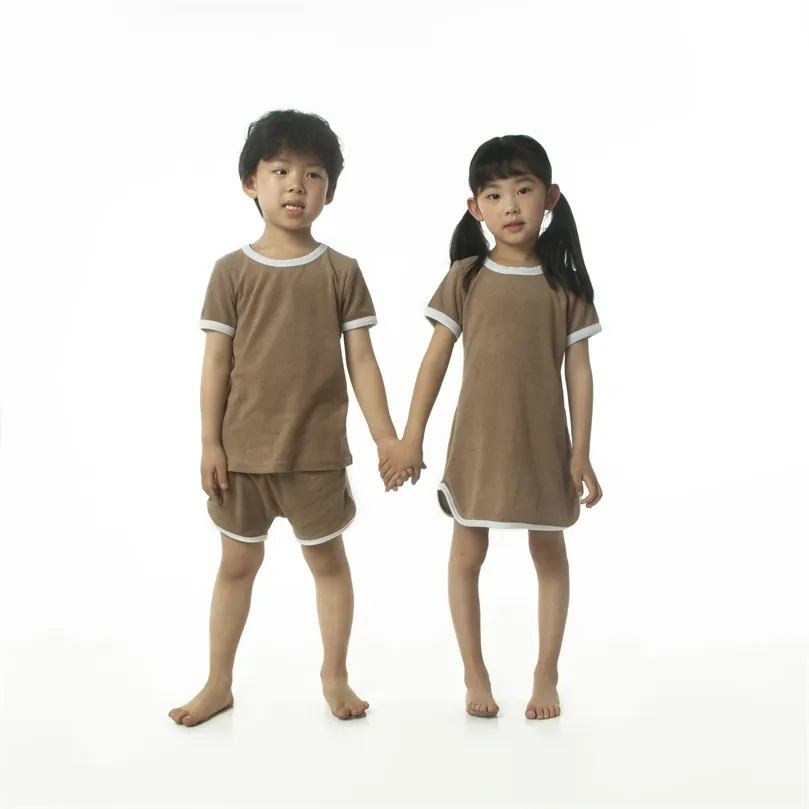 Hitomagische Mädchen Terry Set Dress Clothes Jungen Kleinkinder Kleidungsshorts für Sommer Kinder Braun 220507