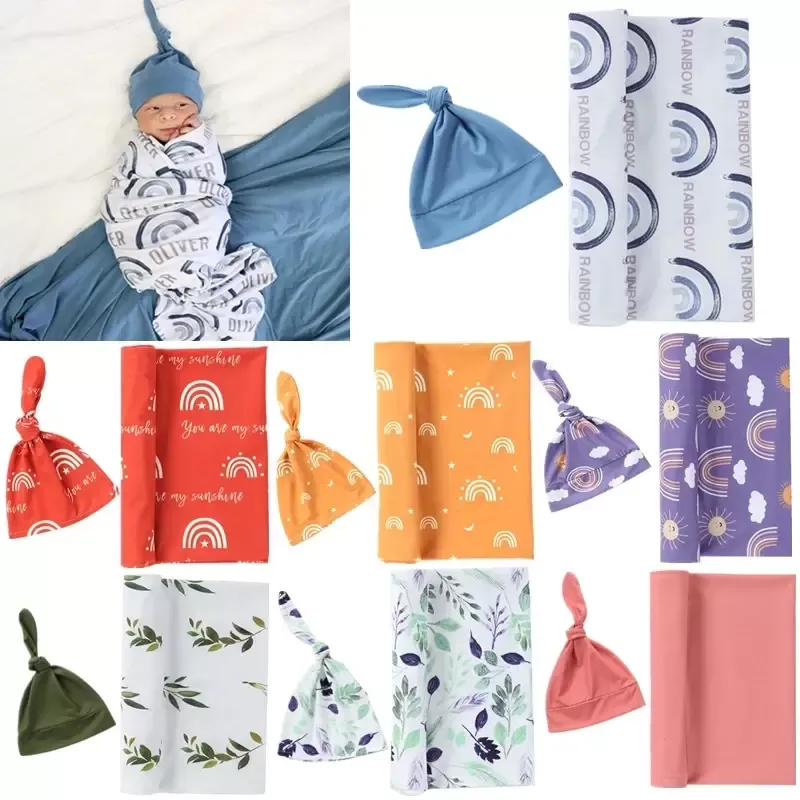 2pcs Хлопковая детская одеяло набор Soft Elastic Anti-Shock Baby Swaddle Wrap Rainbow Printed Новорожденный Подарок для душа Blanlet