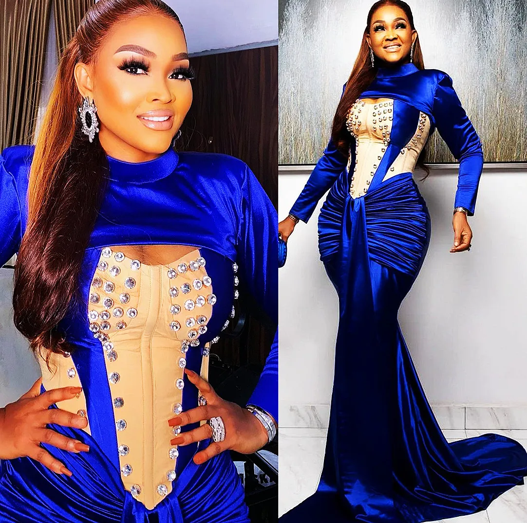 2022 Plus Size Arabic Aso Ebi Royal Blue Mermaid Prom Dresses Crystals Satin Evening Formal Party Second Reception Födelsedagsengagemang Klänningar ZJ226