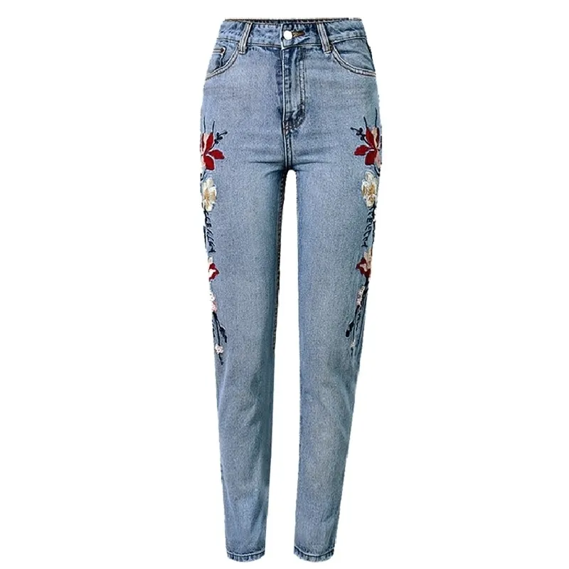 Vintage Denim Hafted Flowers Mom Jeans Chłopak z wysokiej talii dla kobiet plus size 210521