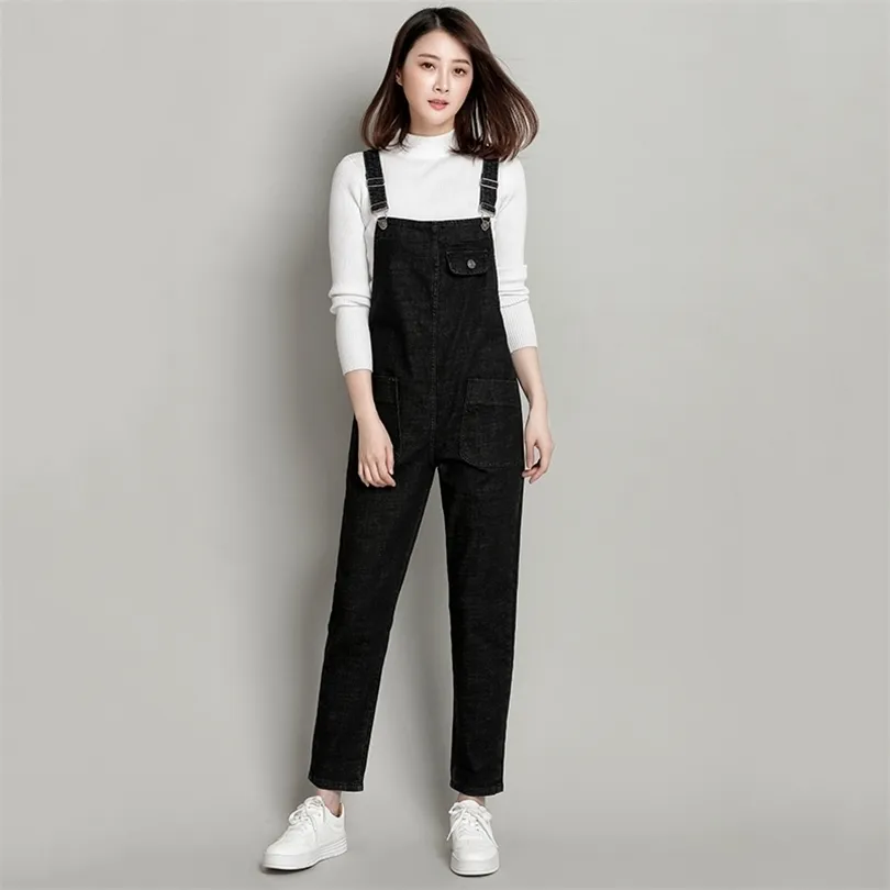 Vår sommarkvinnor svart denim jumpsuit casual ficka jeans romper kvinnlig plus storlek 5xl 6xl justerbar rem denim overaller 210326