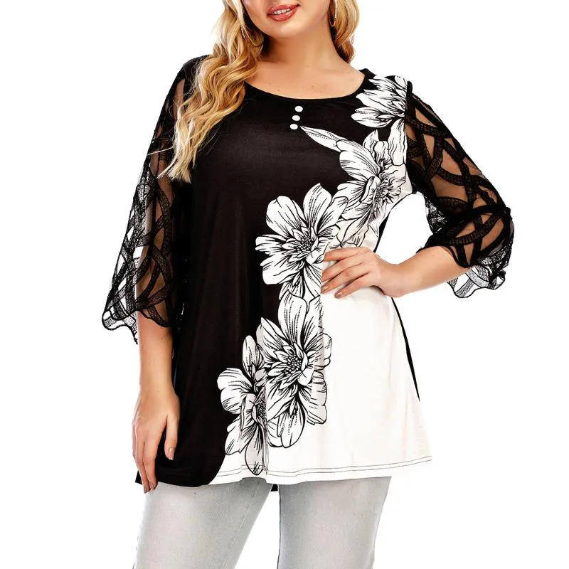 Women's Blouses & Shirts Woman Mesh Patchwork Round Neck Long Sleeve Blouse Tops Fashion Black Lace Transparent Floral Button Pullover T Shi