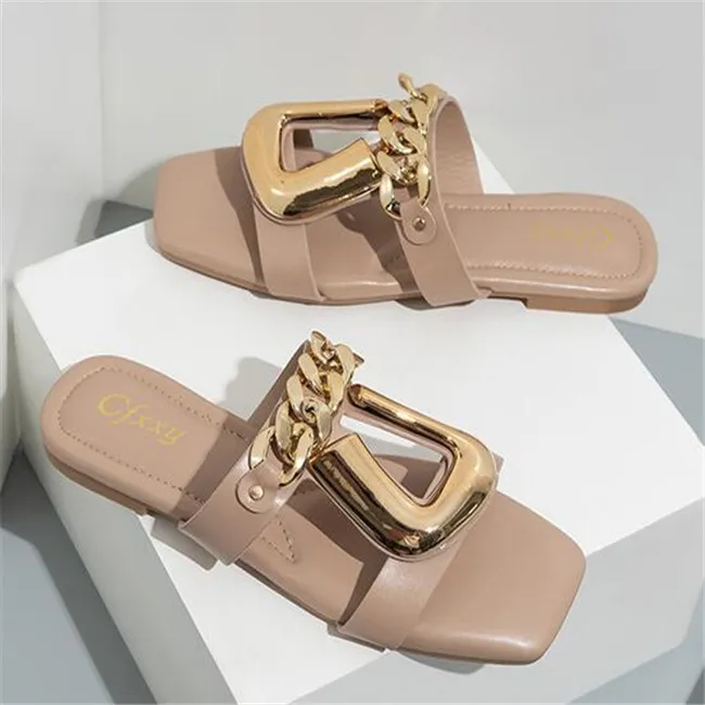 Top Quality Womens Soft Leather Sandals Mules Summers Moda Slides Cadeia Plana Chinelo Feminino Lade U Fivela Casual Praia Slip Tênis