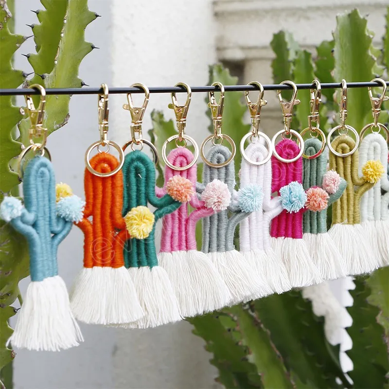 Cute Rainbow Cactus Shape Key Chain Tassel Bag Hanging Ornaments Cotton Thread Handmade Woven Colorful Key Ring Jewelry Gifts